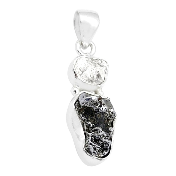 Hand Crafted Jewelry - Natural Campo Del Cielo + Herkimer Diamond Set in 925 Silver Pendant, NWT